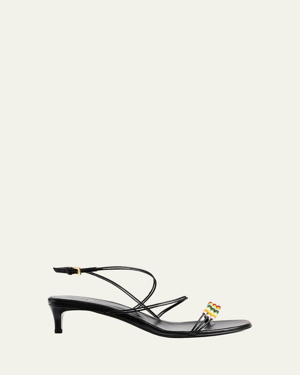 Beaded Leather Kitten-Heel Sandals